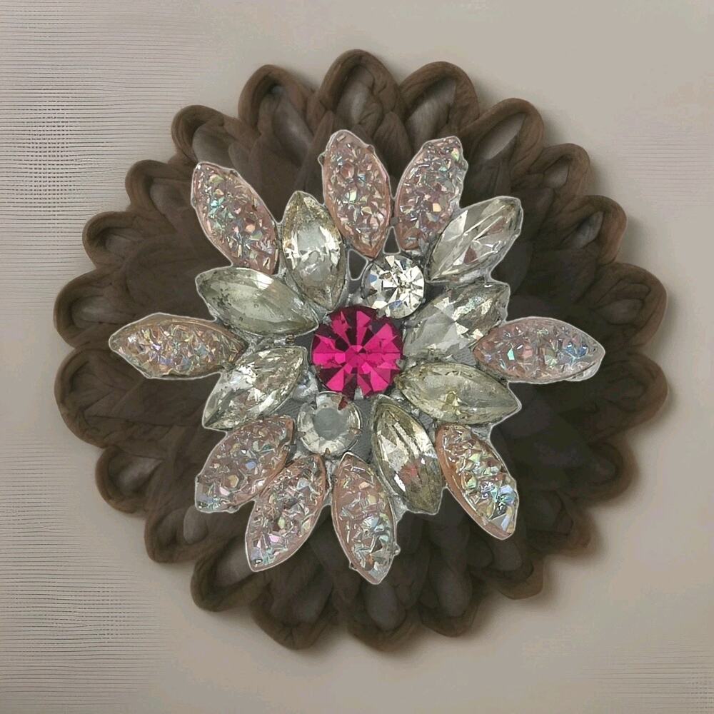 Vtg Pronged Glass Beads Aurora Borealis Brooch Silver Tone Pinks Floral Burst
